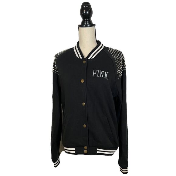 Victoria Secret Pink Varsity Jacket Women Medium Bomber STUDS Bling Snap Jacket - Picture 2 of 8
